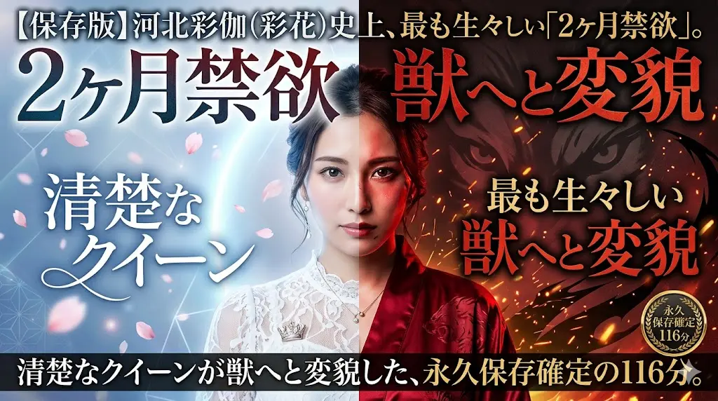 ブログ記事「【保存版】河北彩伽（彩花）史上、最も生々しい「2ヶ月禁欲」。」のアイキャッチ画像。左右で対比するポートレート。左側は白いドレスで「清楚なクイーン」、右側は赤いドレスで火花と獣の背景に「獣へと変貌」。下部に「清楚なクイーンが獣へと変貌した、永久保存確定の116分。」のテキスト。