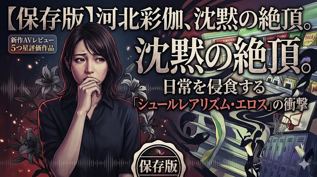 制服姿の河北彩伽が静かに声を殺して耐える表情のアイキャッチ。背景にはコンビニや体育館の日常的な風景がうっすらと重なり、背徳的なシチュエーションを表現している。